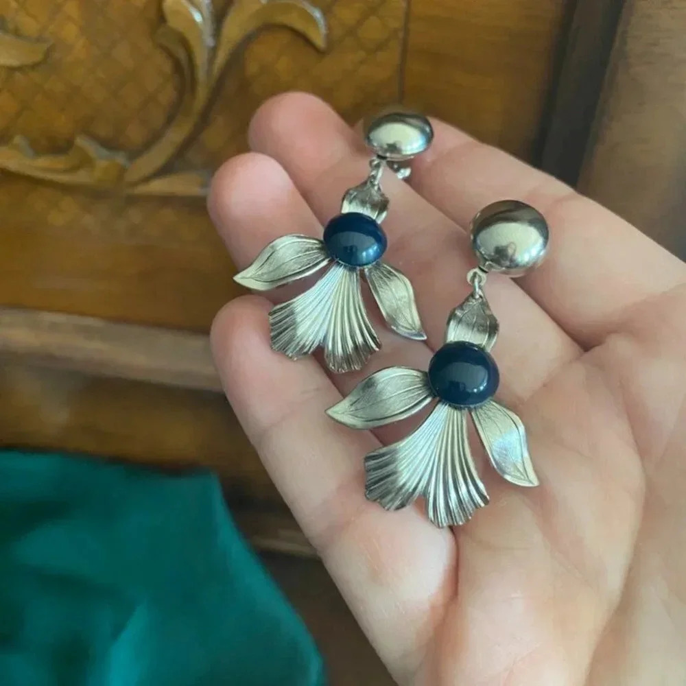 Fleur de Lis  1950s Tin Floral Design Pierced Earrings with Navy Cabachon